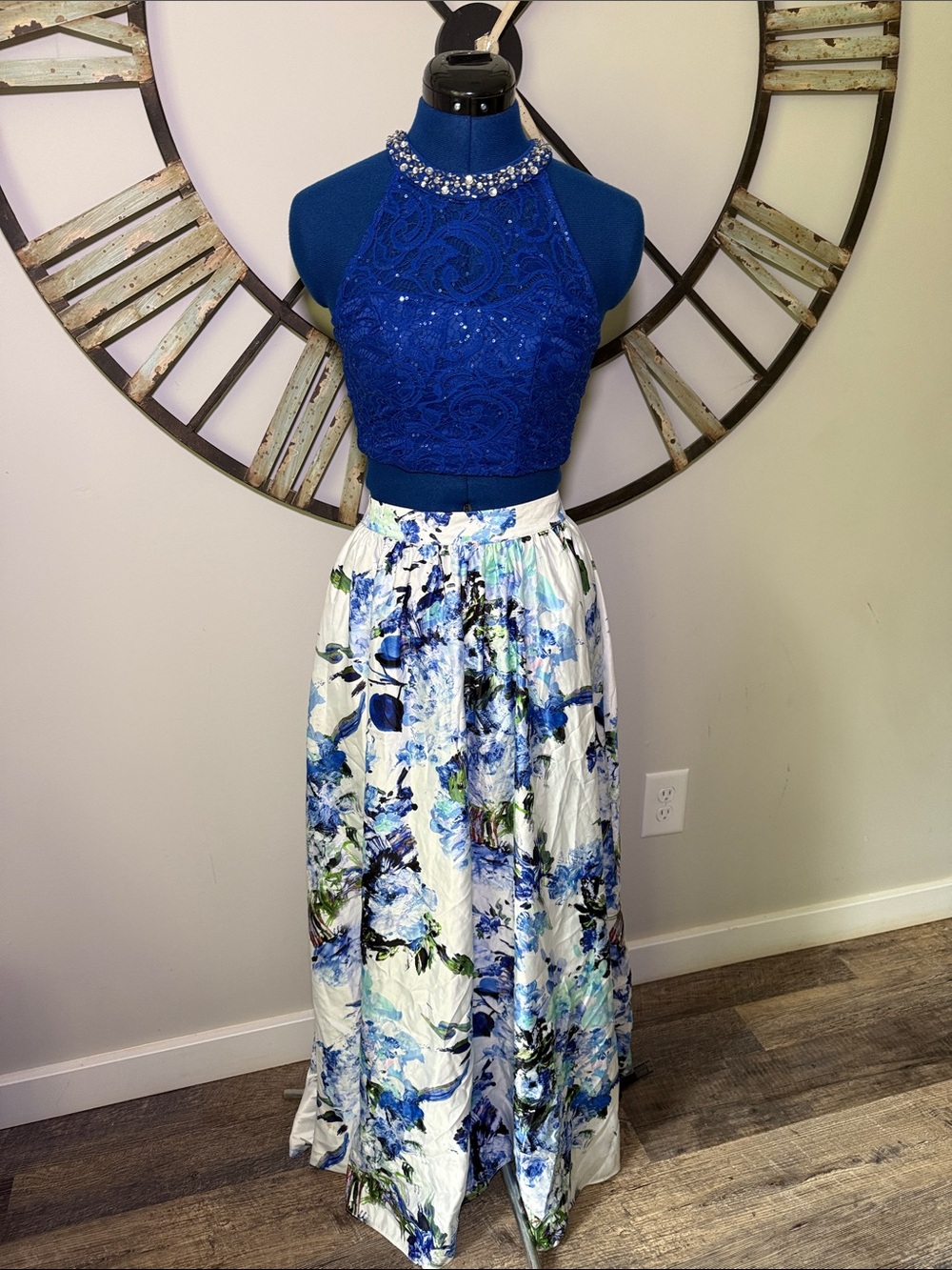 Xtraotdinary Formal Set Blue Floral A-Line Maxi Skirt and Beaded Top